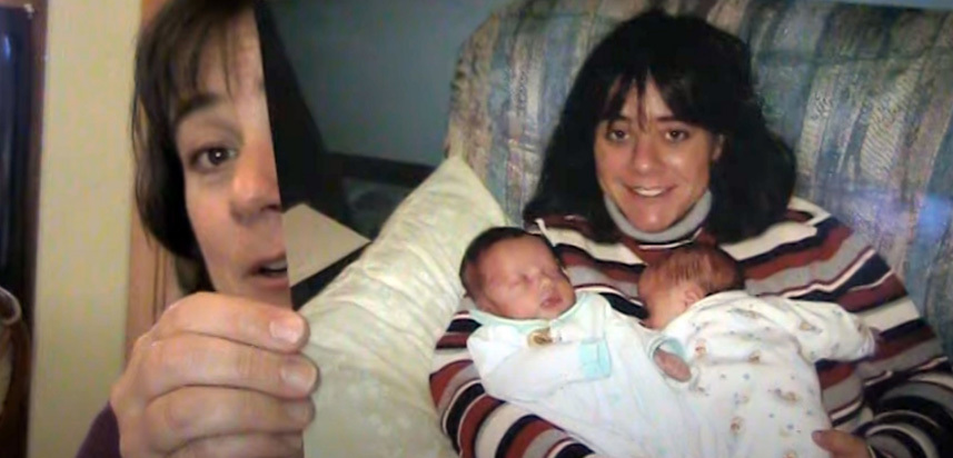 Video thumbnail of a woman holding up a picture of herself and two newborns.