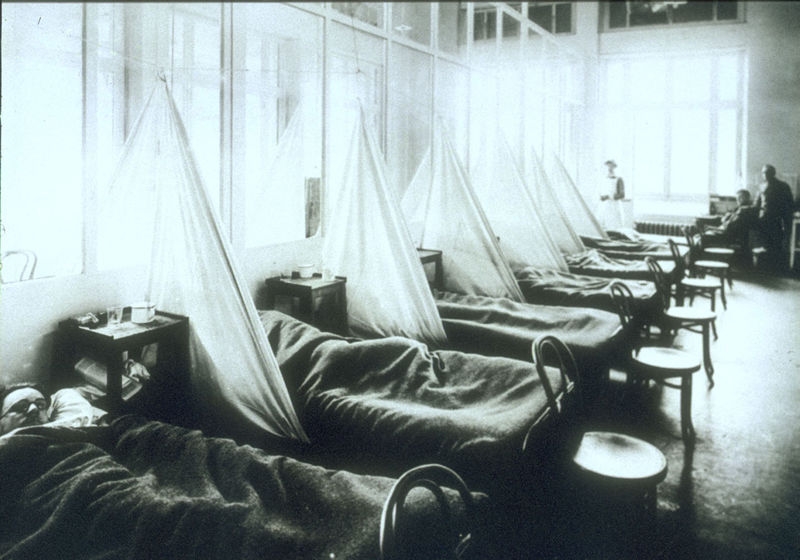 Rows of patients at the U.S. Army Camp Hospital No. 45, Aix-Les-Bains, France, Influenza Ward No. 1, 1918.