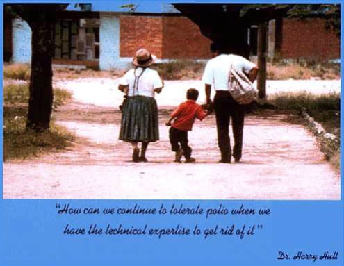 Child with sequelae of polio with a quote from Dr. Harry Hull.