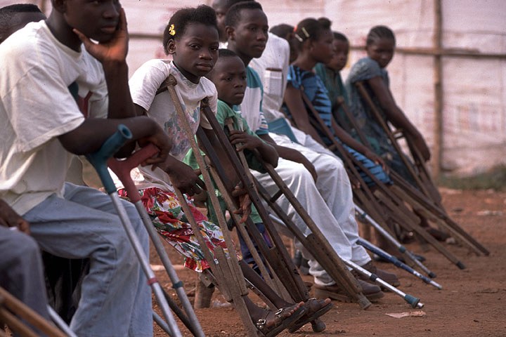 Children with polio, most with crutches, in Freetown, Sierra Leone.
